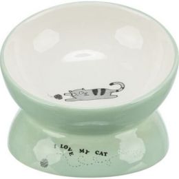 Keramická miska vyvýšená s motívom mačky, ergonomický tvar, 0,15 l / 13 cm, šalvia/biela